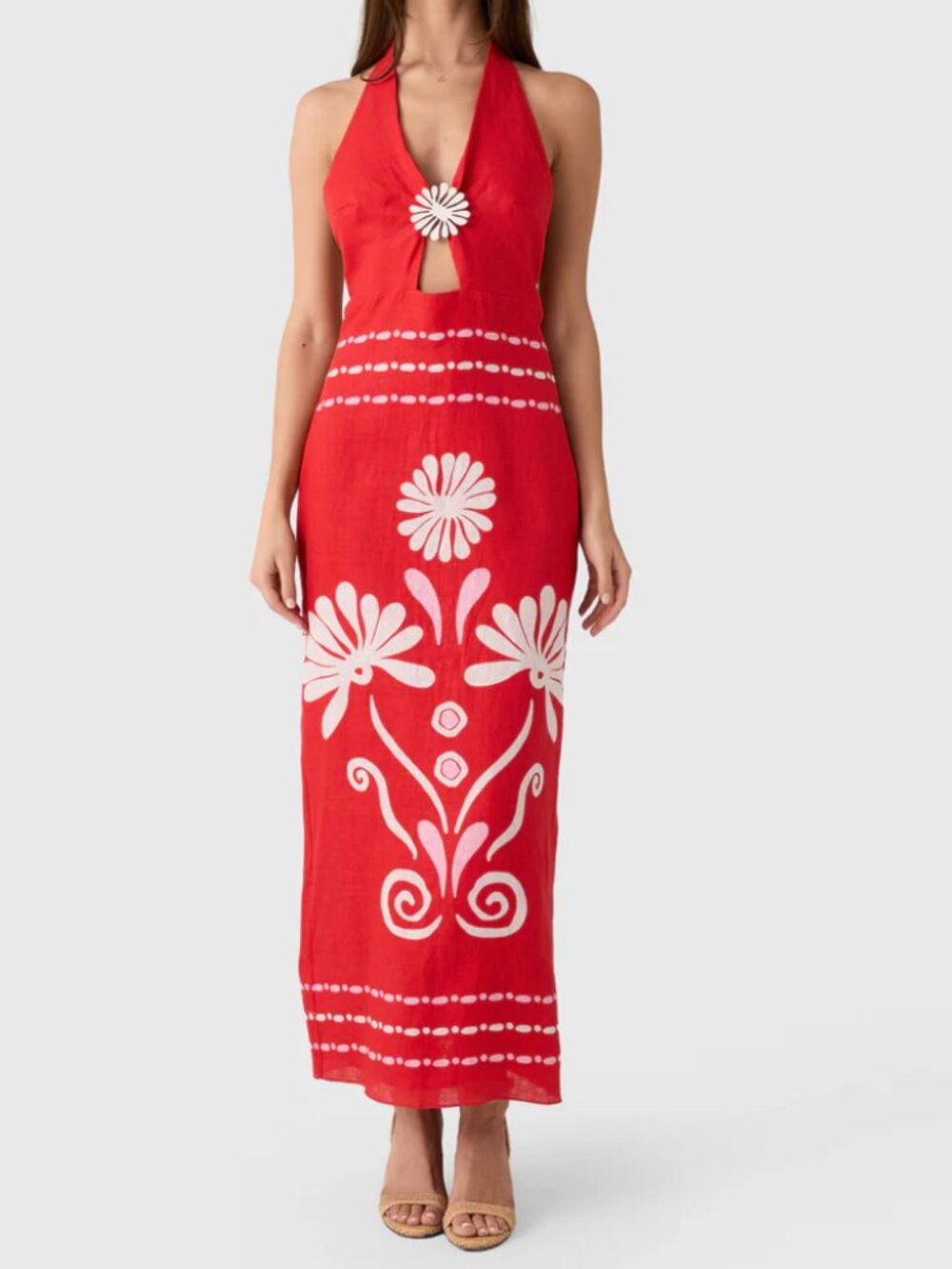 CALA DE LA CRUZ Orly embellished cutout printed linen maxi dress
